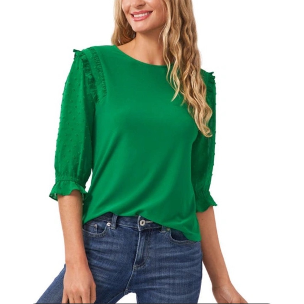 CeCe Green Clip Dot Ruffle Sleeve Mixed Media Blouse XS NWT Career Office